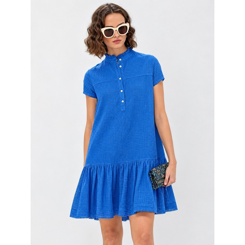 Oliphant Blue Check Ruffle Neck Tiered Mini Dress Womens Medium Cotton Blend